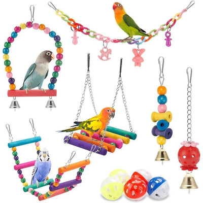 11 piece colorful wooden bird cage toys set for parakeets