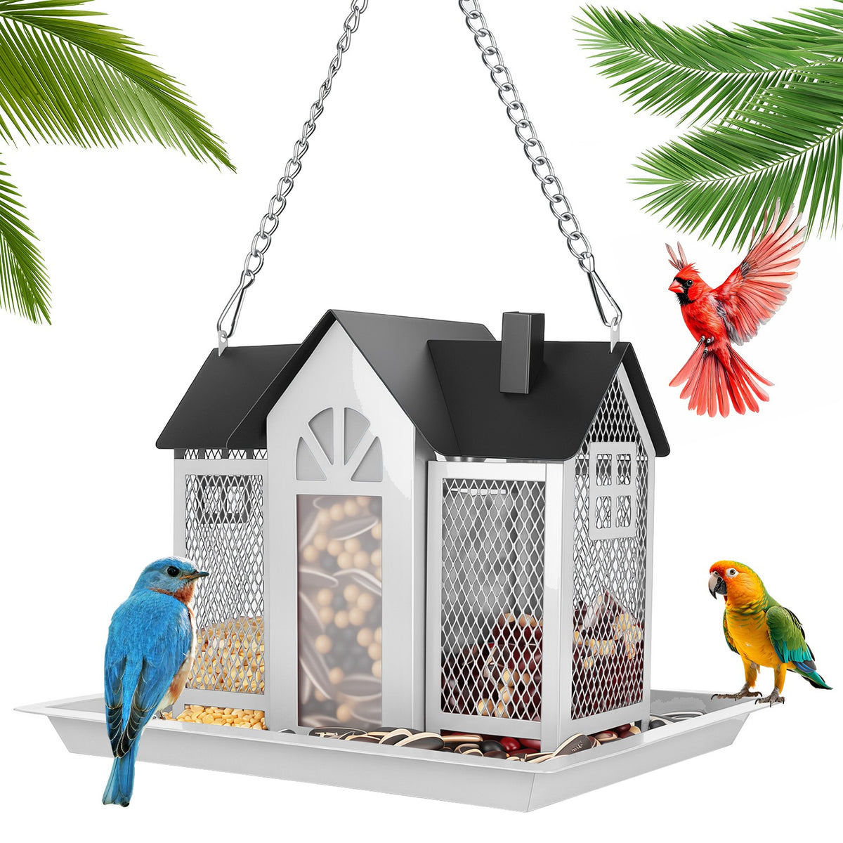 red hanging metal barn bird feeder showing seed window