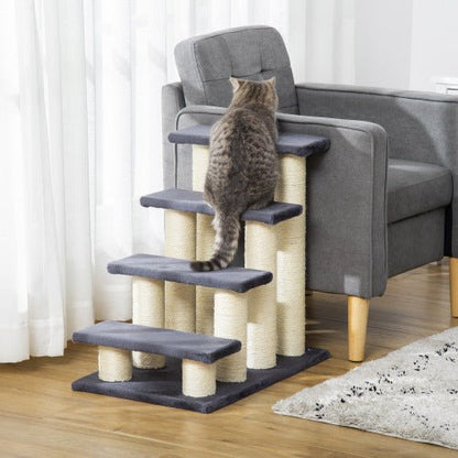 indoor cat climbing 4-step pet stairs to reach couch