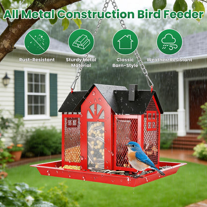 red hanging metal barn bird feeder showing seed window