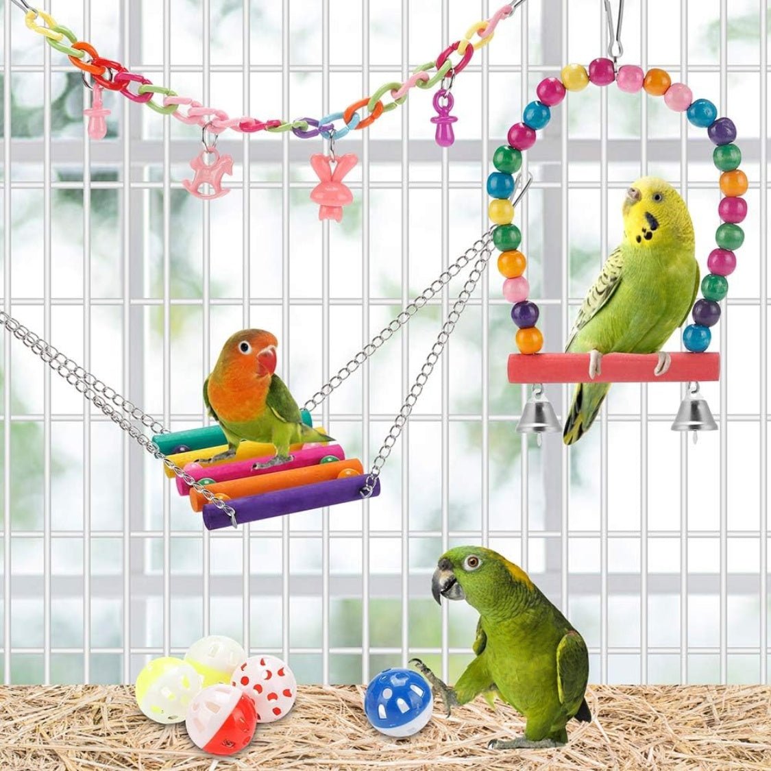 11 piece colorful wooden bird cage toys set for parakeets