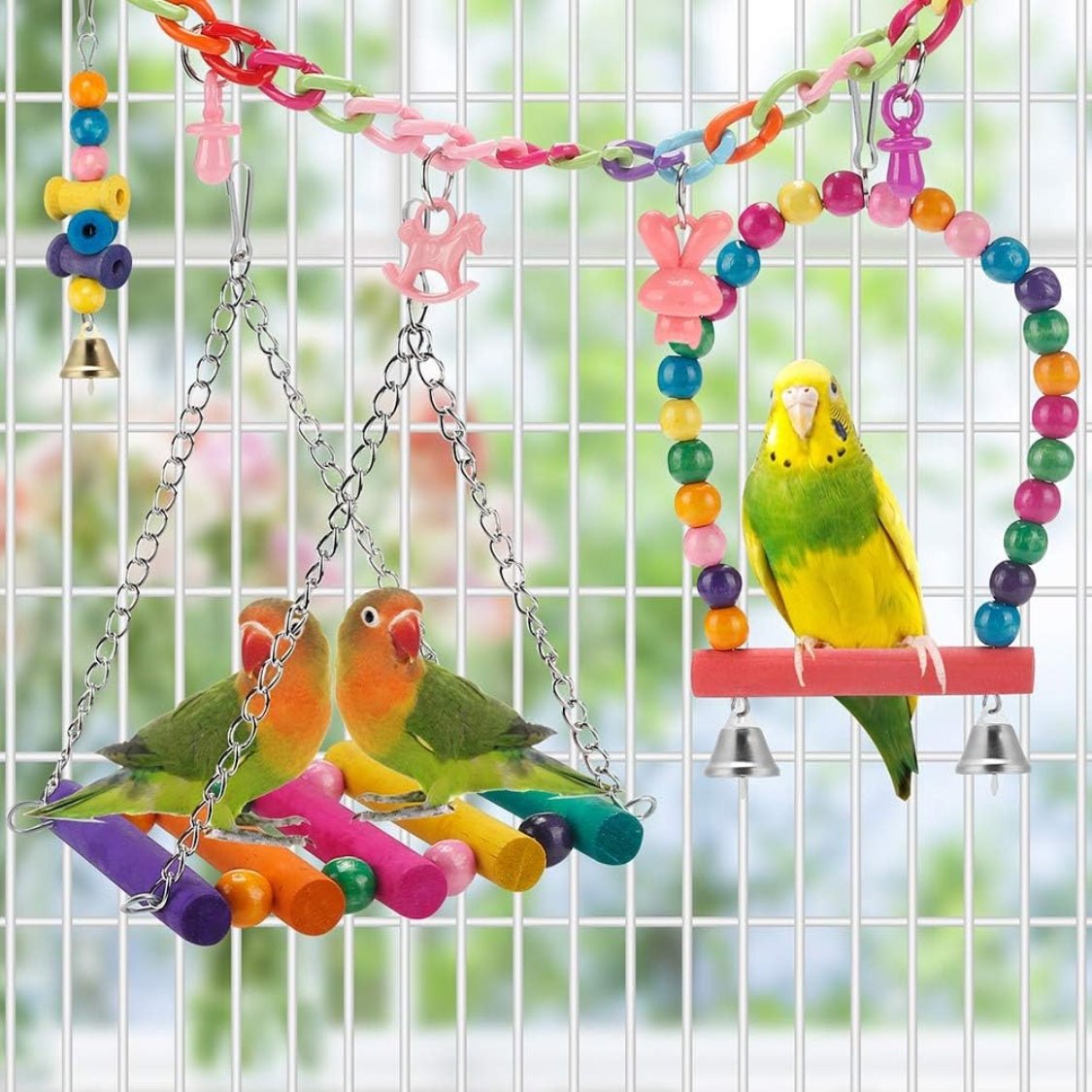 11 piece colorful wooden bird cage toys set for parakeets