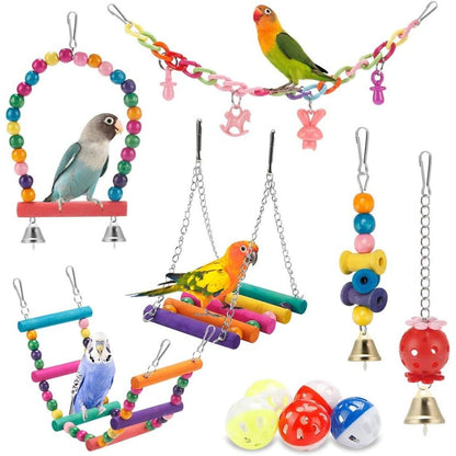 11 piece colorful wooden bird cage toys set for parakeets