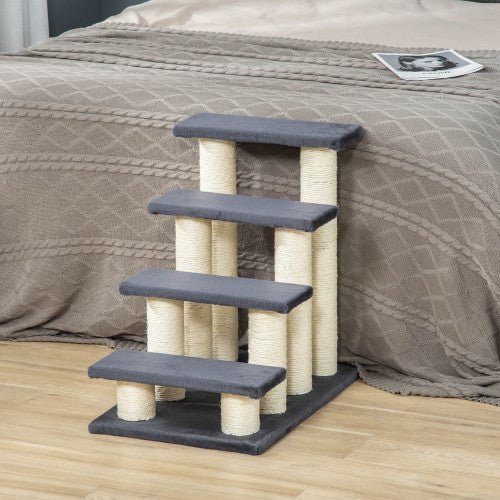 indoor cat climbing 4-step pet stairs to reach couch