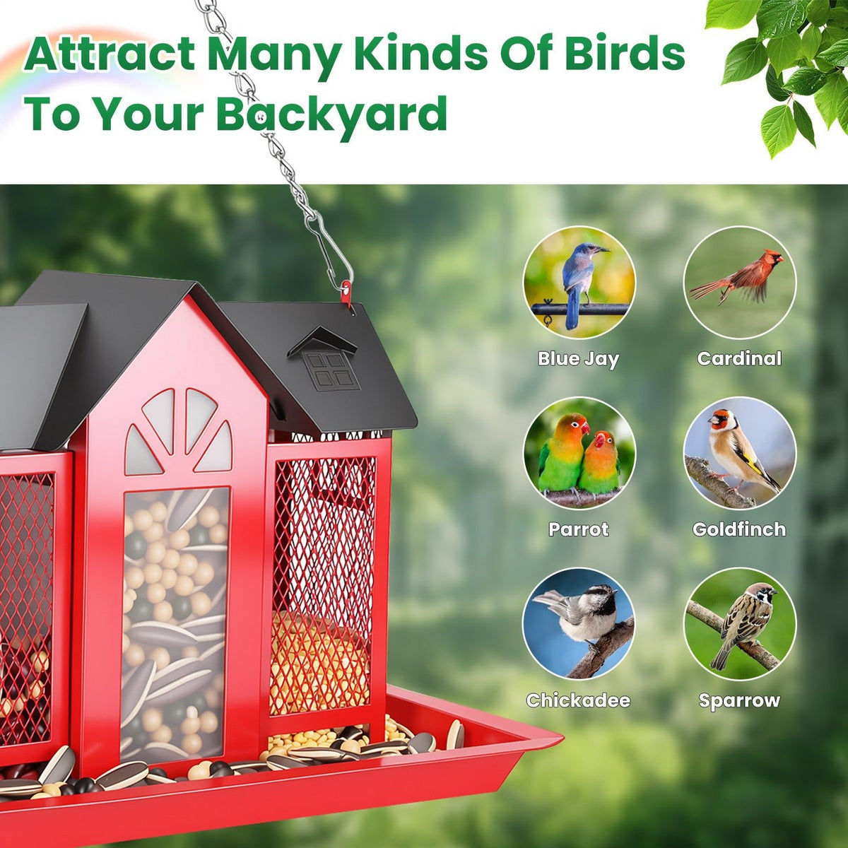 red hanging metal barn bird feeder showing seed window