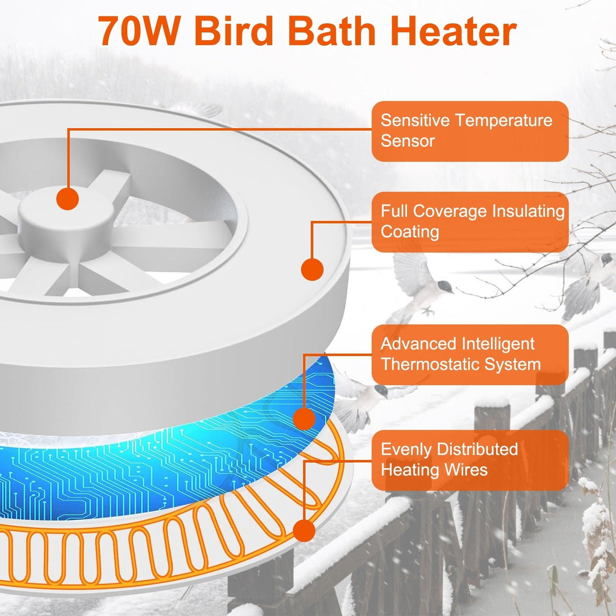smart thermostatic bird bath heater deicer 70w for winter