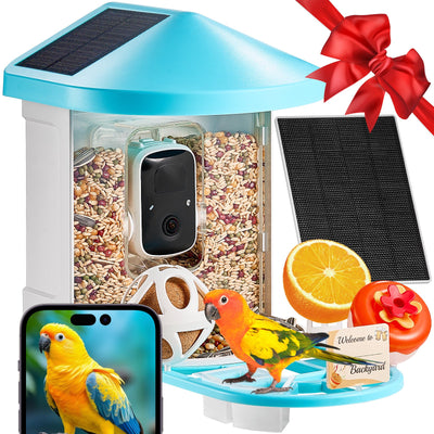 Main Image: smart bird feeder camera with ai species identification and solar panel