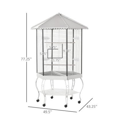 77 inch hexagonal aviary bird cage with rolling stand and canopy