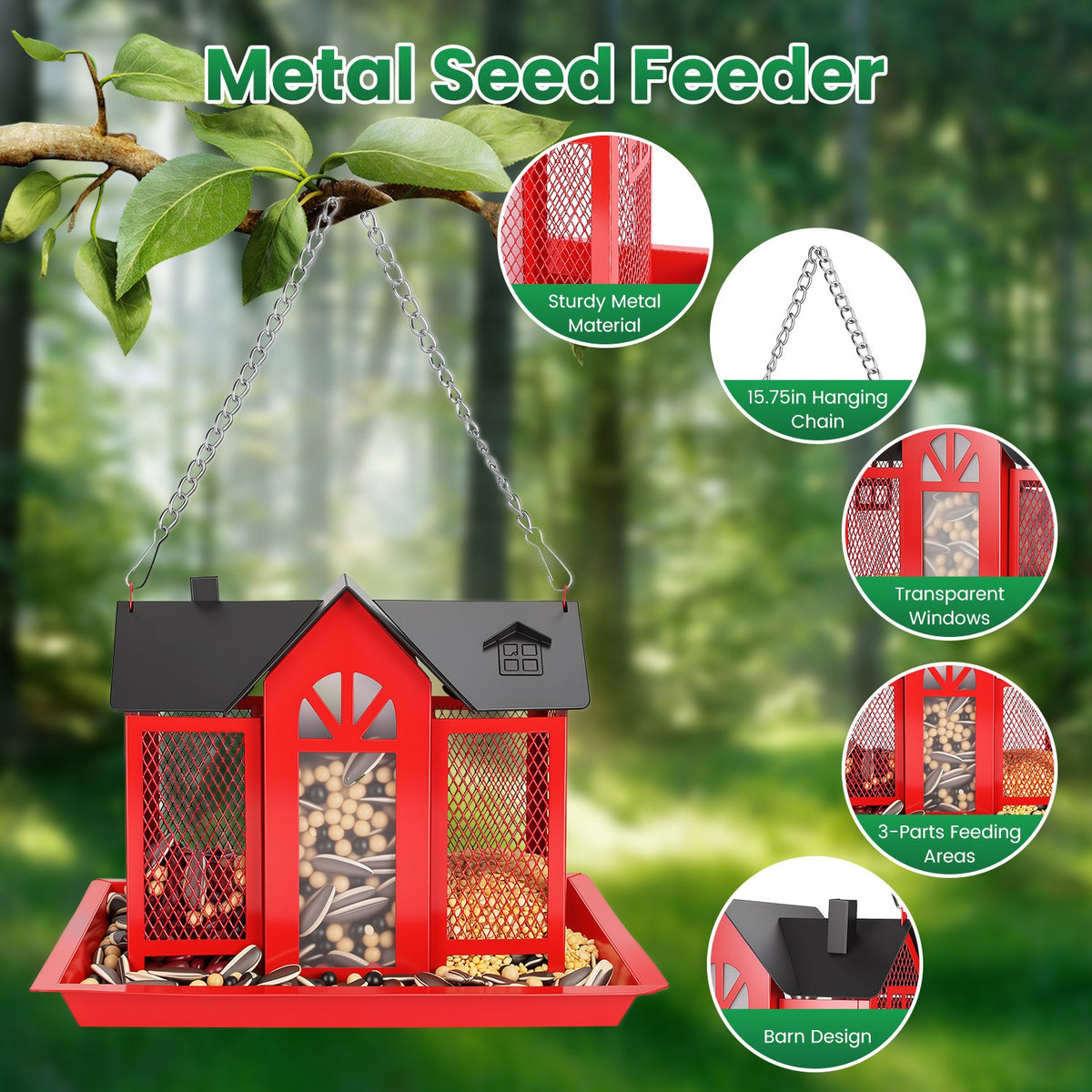 red hanging metal barn bird feeder showing seed window