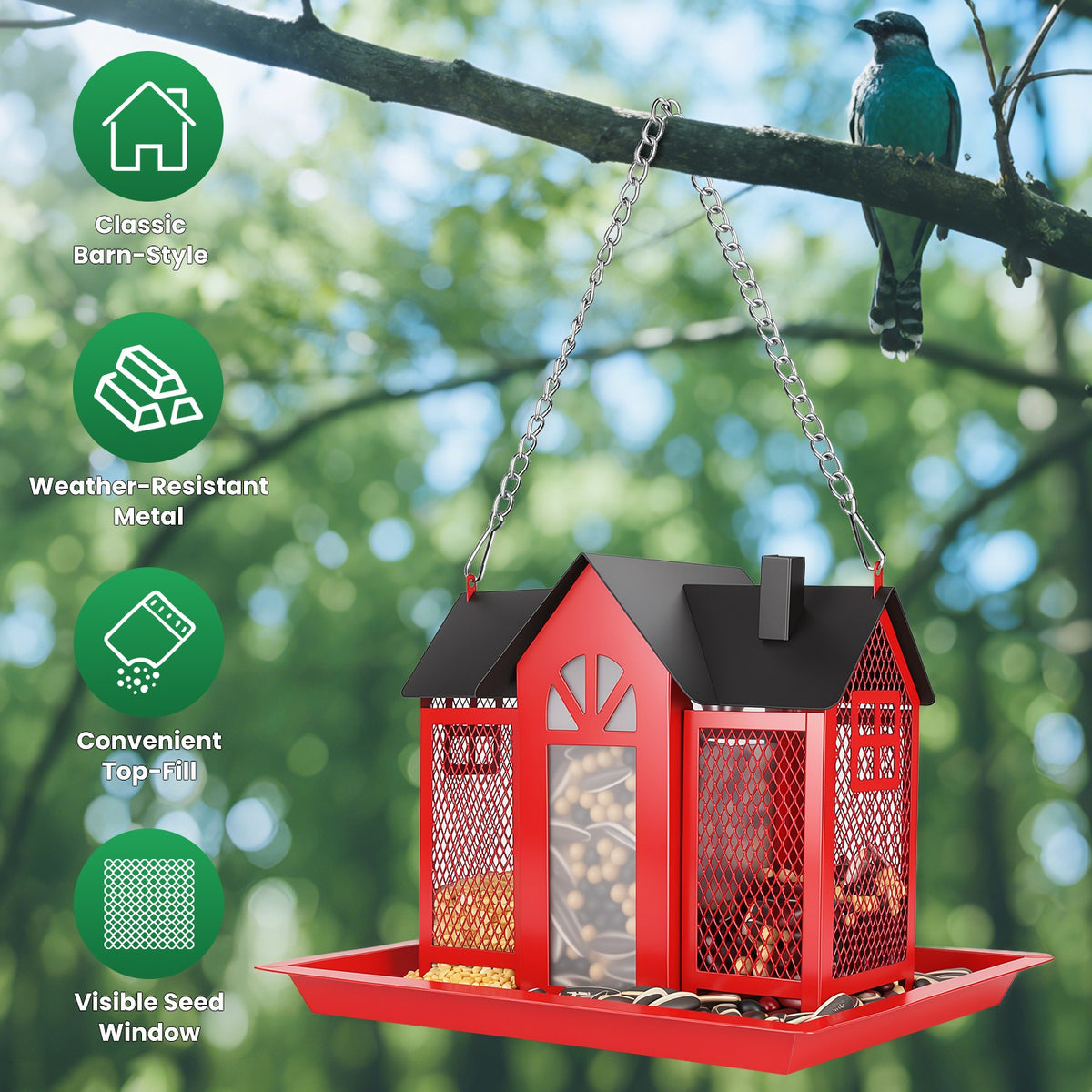 red hanging metal barn bird feeder showing seed window