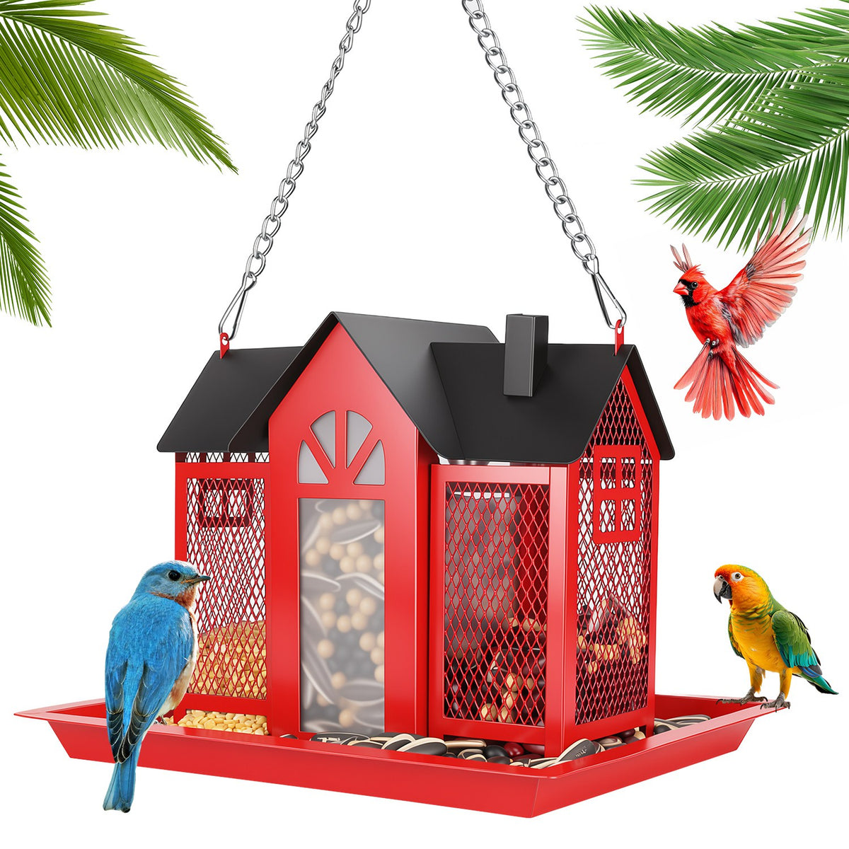 red hanging metal barn bird feeder showing seed window