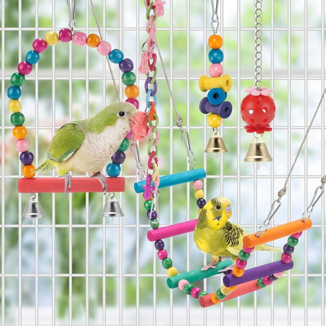 11 piece colorful wooden bird cage toys set for parakeets