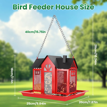 red hanging metal barn bird feeder showing seed window