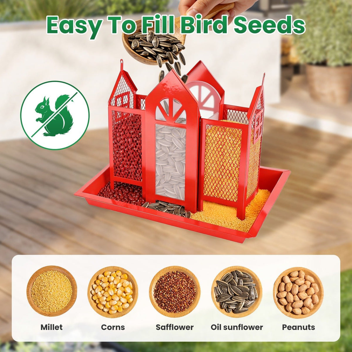 red hanging metal barn bird feeder showing seed window