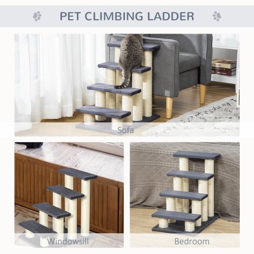 indoor cat climbing 4-step pet stairs to reach couch