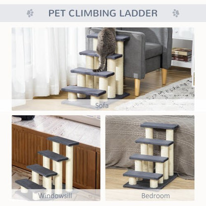 indoor cat climbing 4-step pet stairs to reach couch